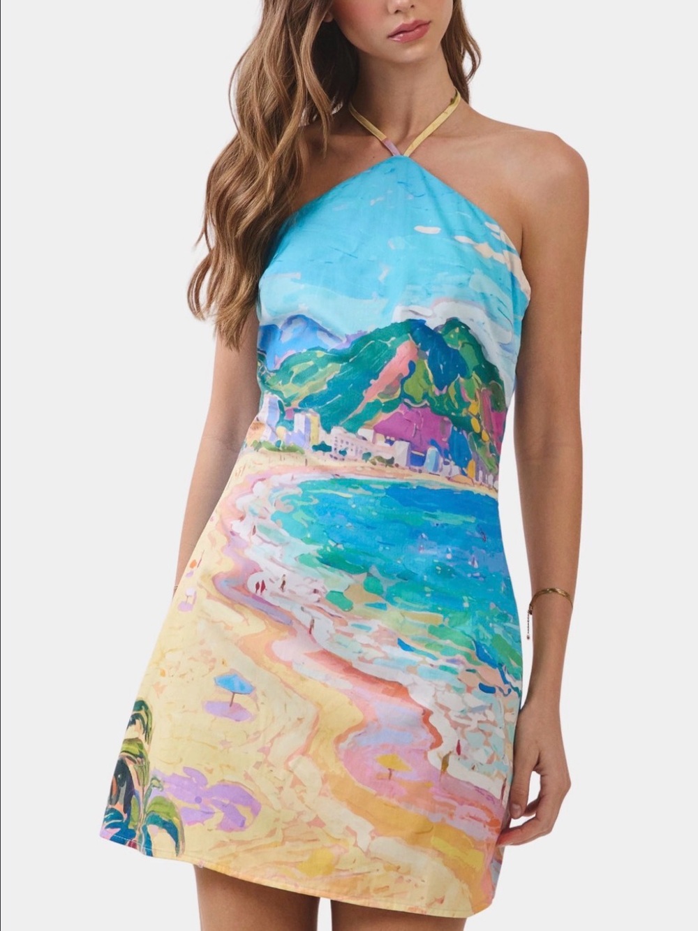 TCEC Multicolor Scenic Beach Halter Mini Dress
